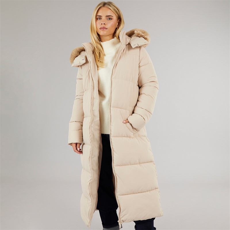 Brave Soul Womens Jewels Long Puffer Coat Cream