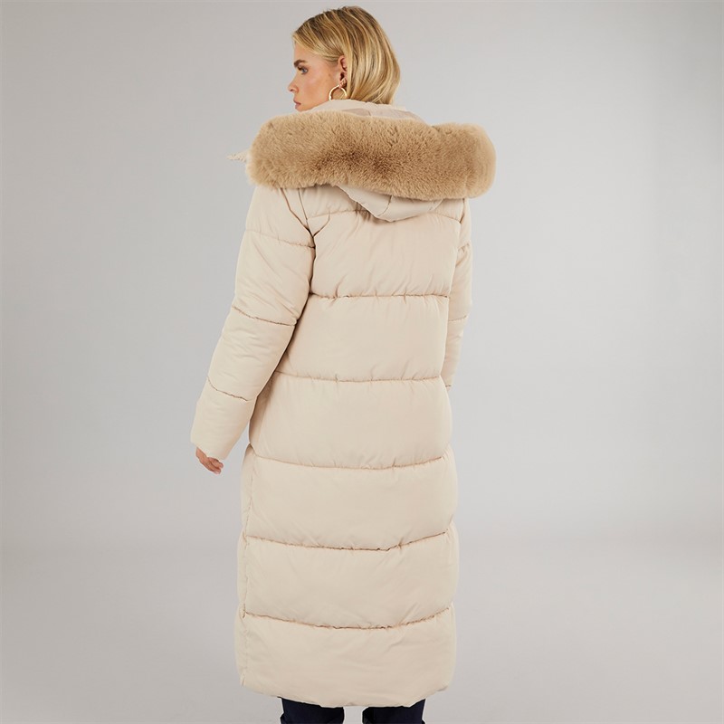 Brave Soul Womens Jewels Long Puffer Coat Cream