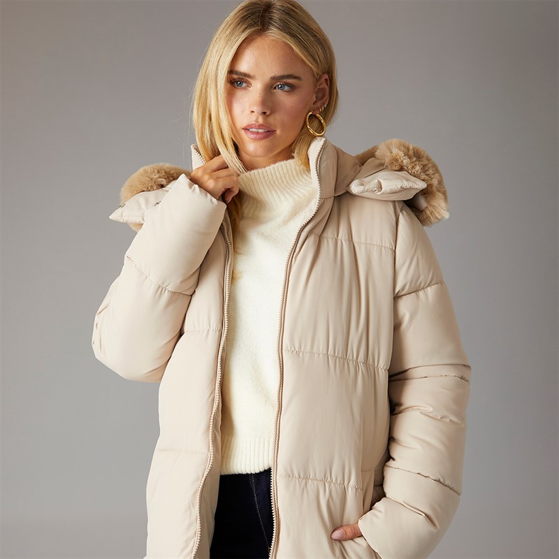 Brave Soul Womens Jewels Long Puffer Coat Cream
