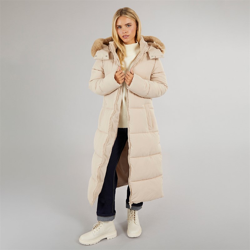 Brave Soul Womens Jewels Long Puffer Coat Cream