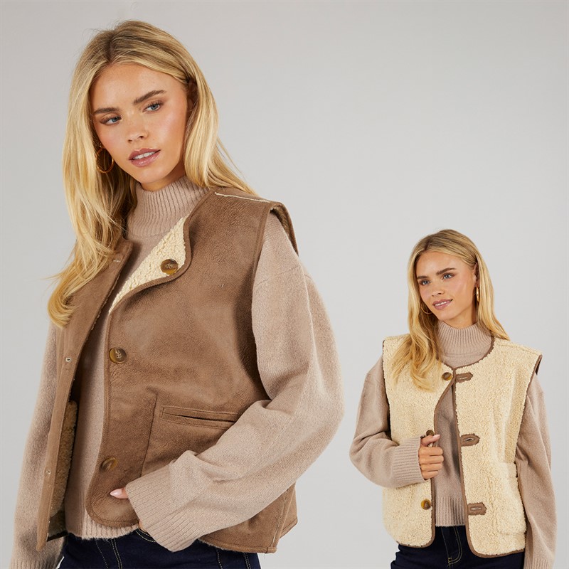 Brave Soul Womens Reversible Gilet Tan Cream - Size 18