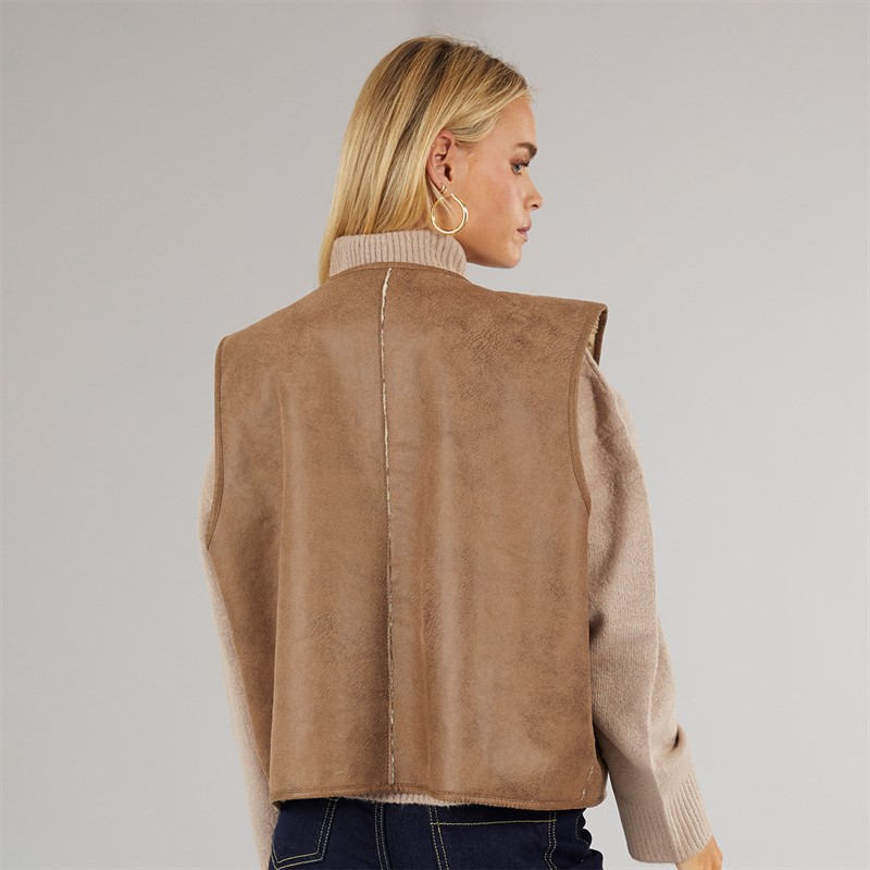 Brave Soul Womens Reversible Gilet Tan Cream