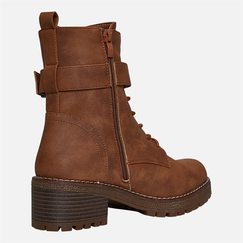 Brave Soul Womens Raye Lace Up Buckle Boots Brown