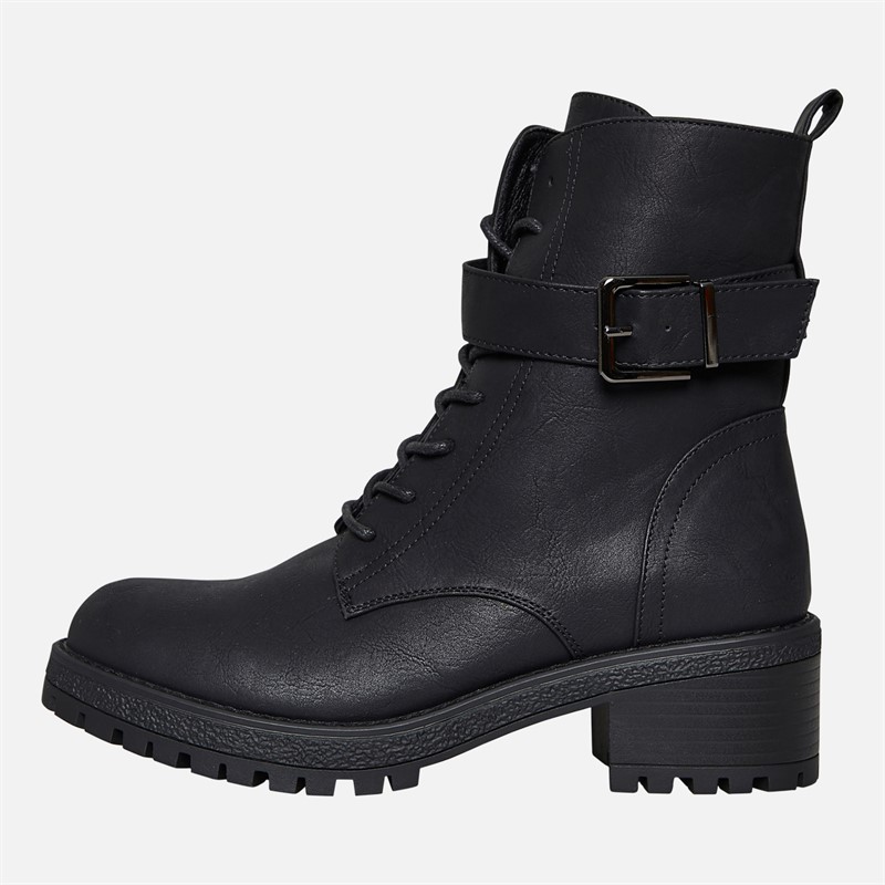 Brave Soul Womens Raye Lace Up Buckle Boots Black