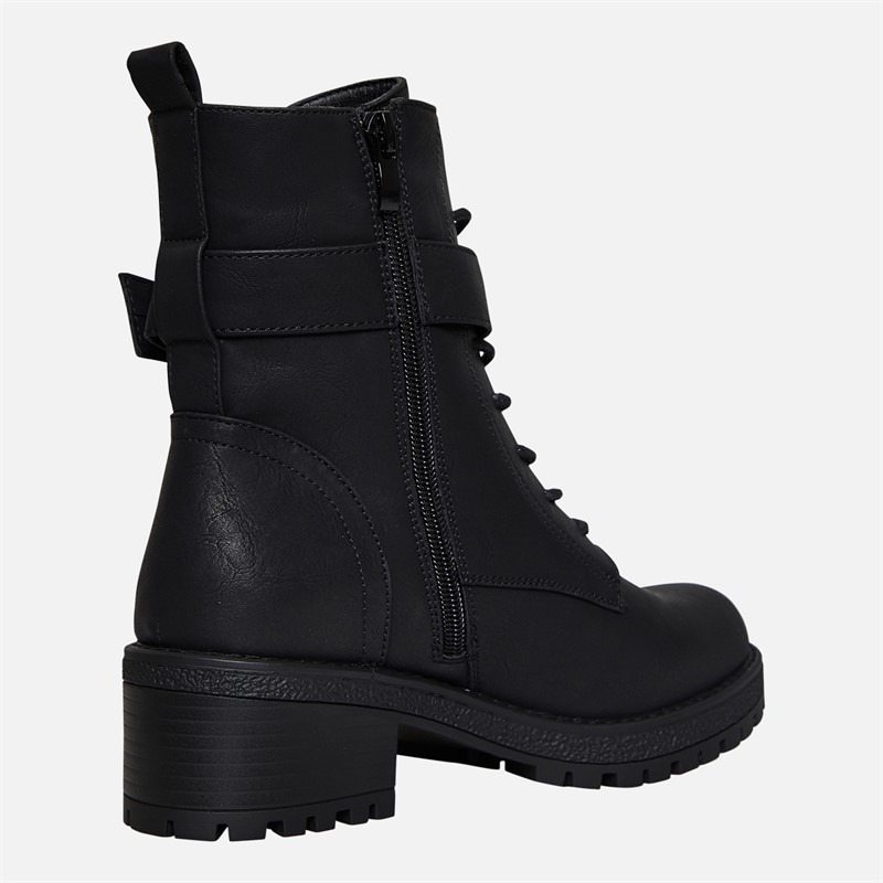 Brave Soul Womens Raye Lace Up Buckle Boots Black