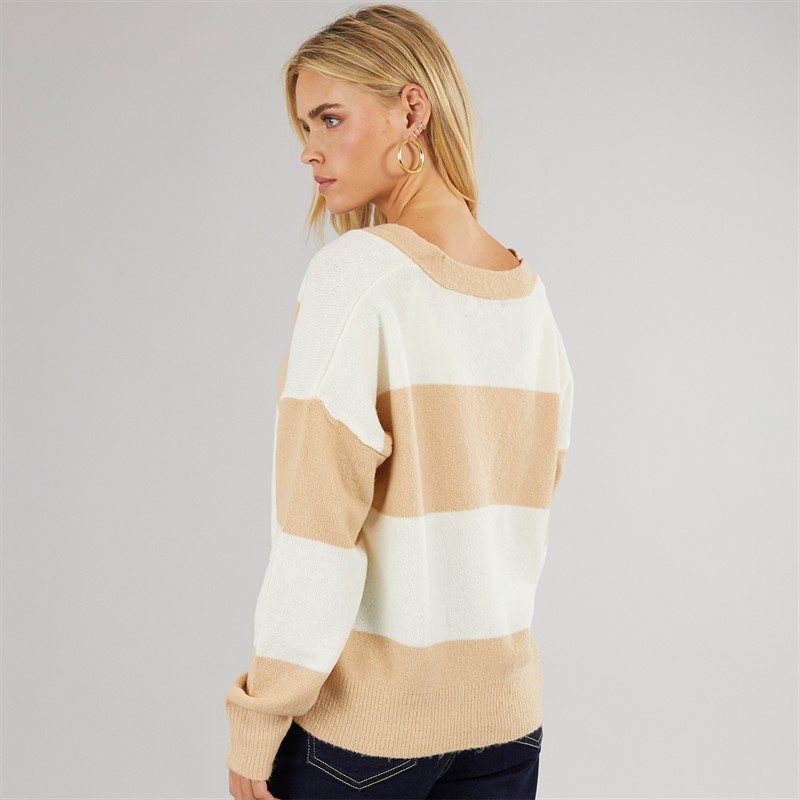 Brave Soul Womens Headley Stripe Cardigan Biscuit/Ivory
