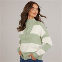 Brave Soul Womens Jotter Stripe Half Zip Jumper Sage/Ivory Stripe