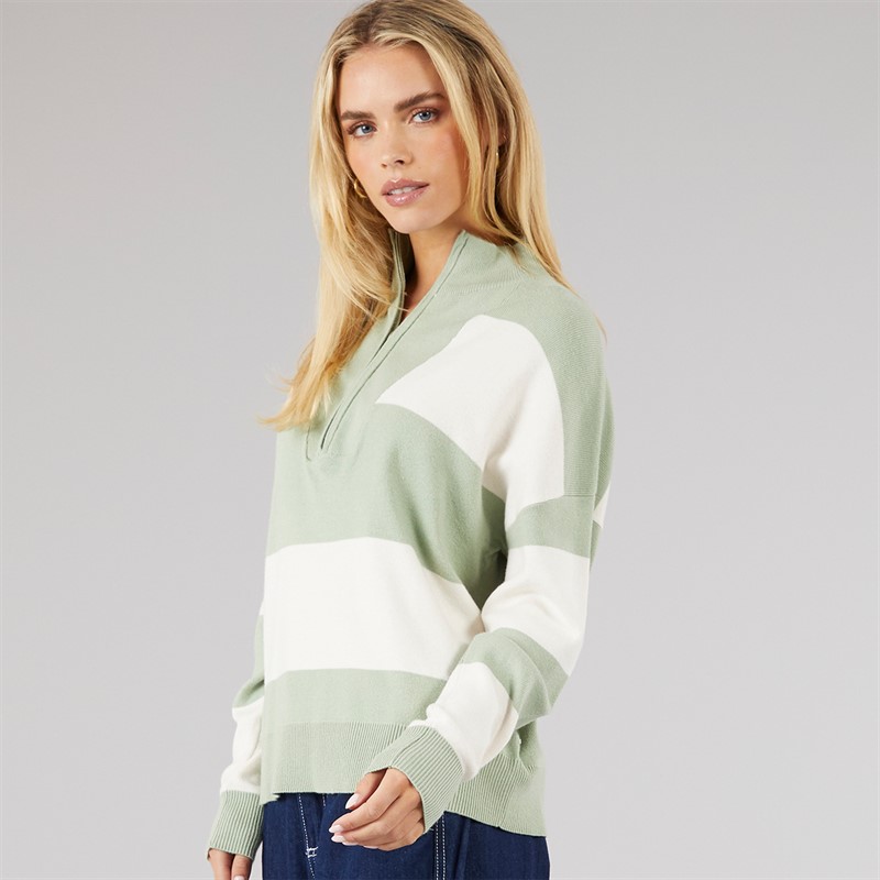 Brave Soul Womens Jotter Stripe Half Zip Jumper Sage/Ivory Stripe