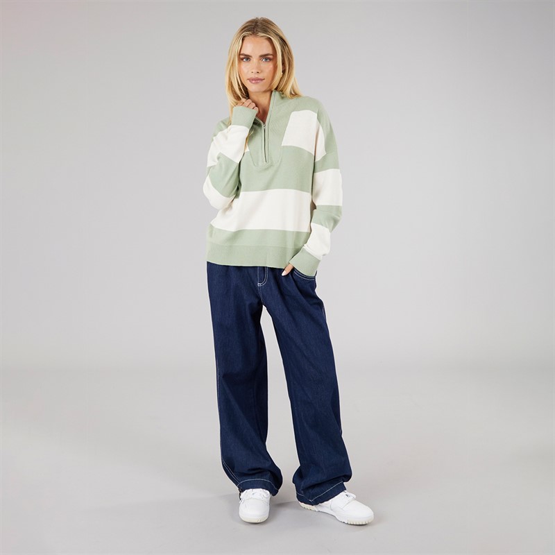 Brave Soul Womens Jotter Stripe Half Zip Jumper Sage/Ivory Stripe