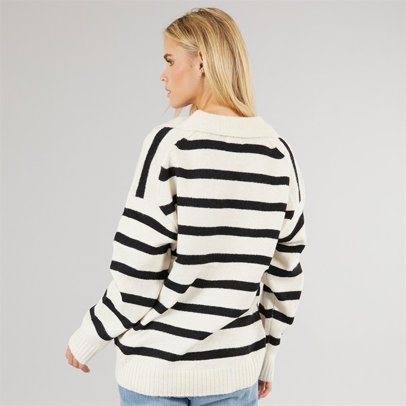 Brave Soul Womens V-Neck Stripe Jumper Oatmeal/Black Stripe