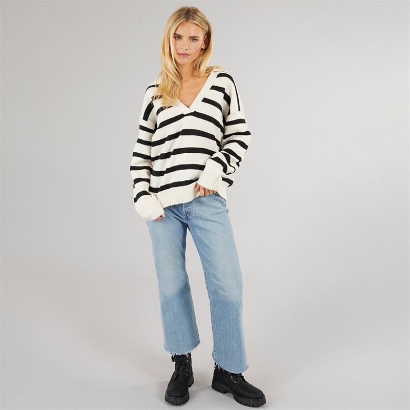Brave Soul Womens V-Neck Stripe Jumper Oatmeal/Black Stripe