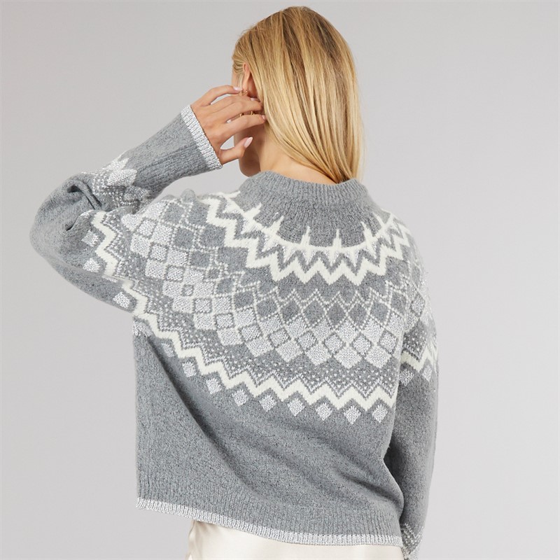 Brave Soul Womens Fansia Fairisle Cardigan Grey Melange/Ivory/Silver