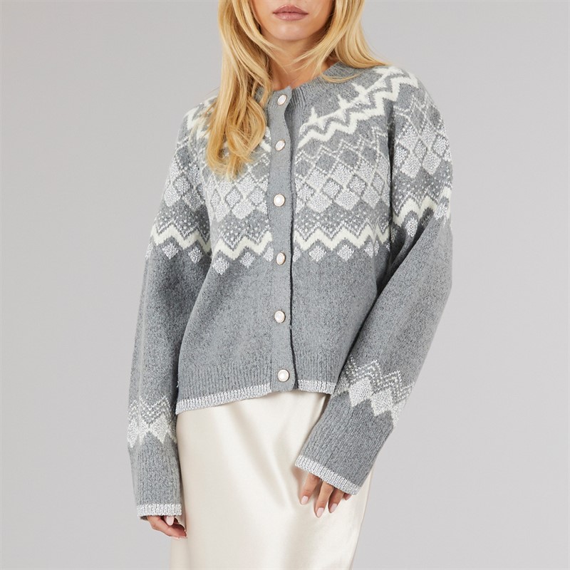 Brave Soul Womens Fansia Fairisle Cardigan Grey Melange/Ivory/Silver