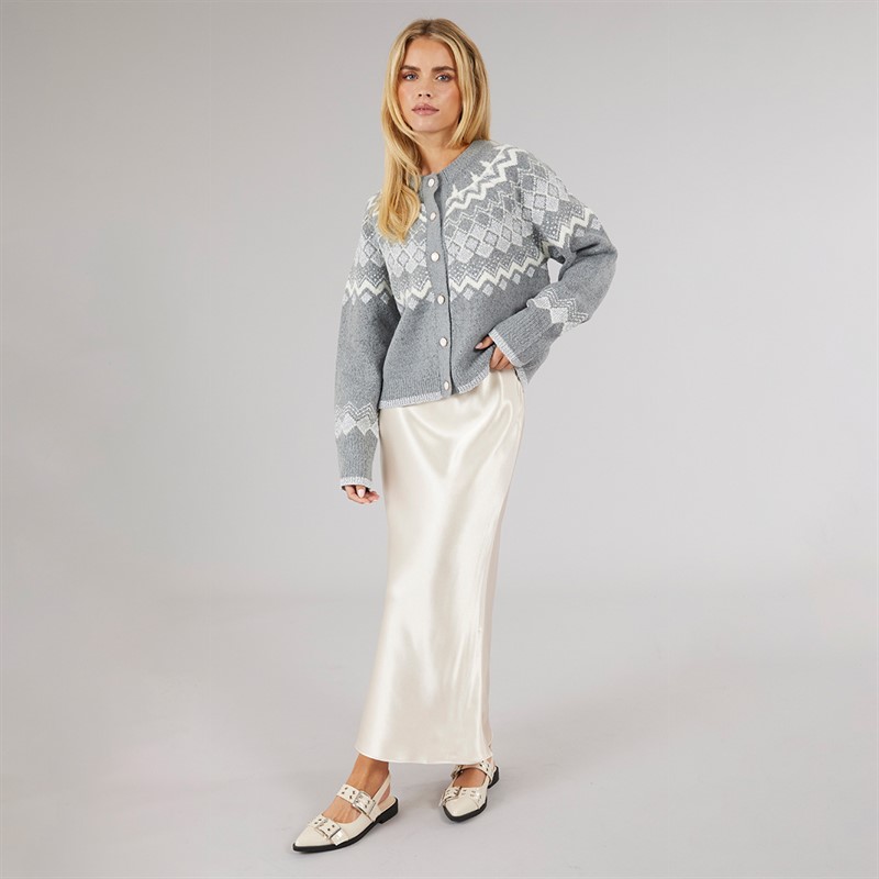 Brave Soul Womens Fansia Fairisle Cardigan Grey Melange/Ivory/Silver