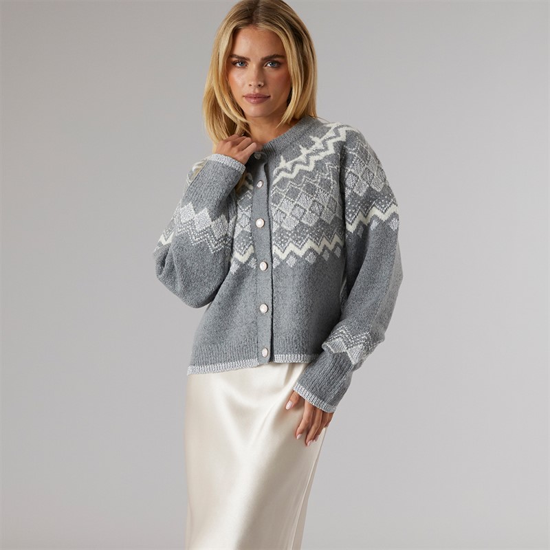 Brave Soul Womens Fansia Fairisle Cardigan Grey Melange/Ivory/Silver