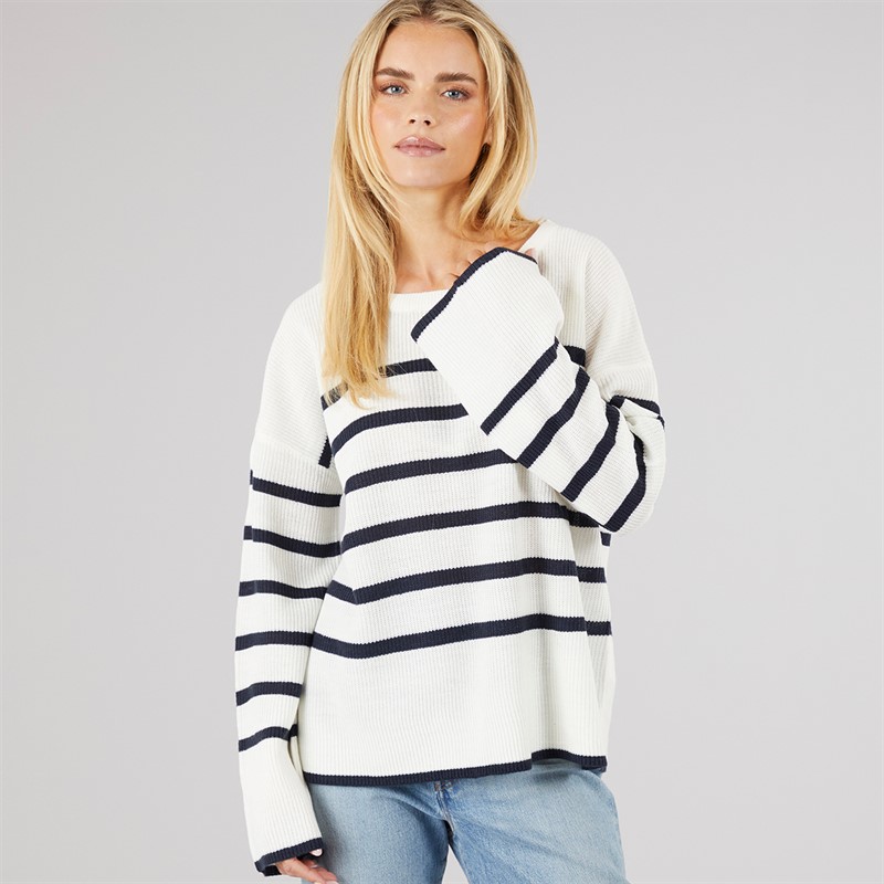 Brave Soul Womens Lisbon Crew Neck Jumper White/Navy Stripe