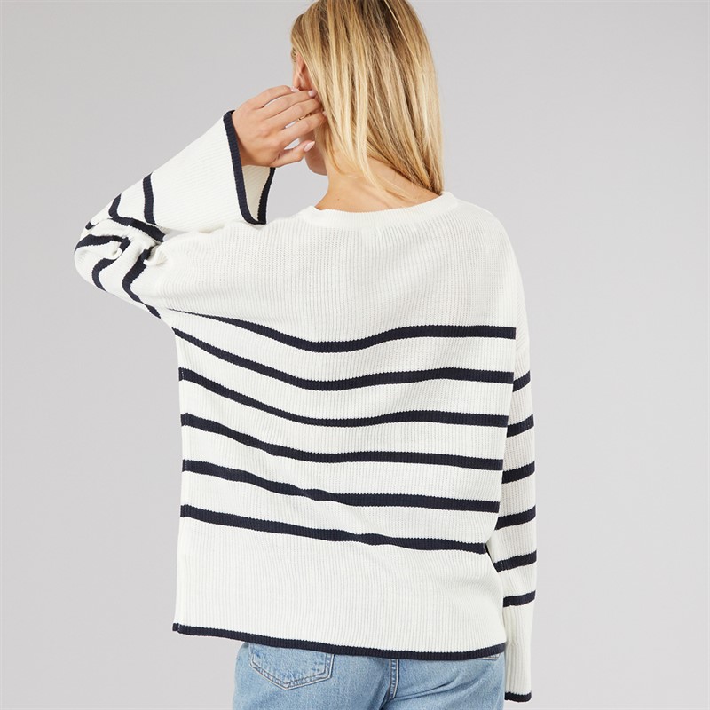 Brave Soul Womens Lisbon Crew Neck Jumper White/Navy Stripe