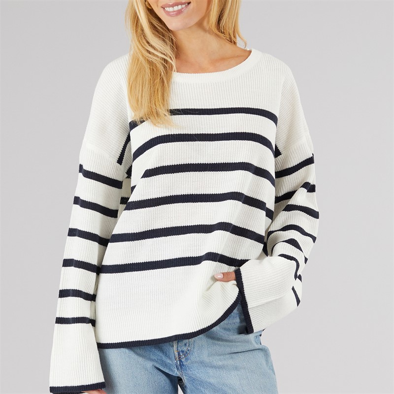 Brave Soul Womens Lisbon Crew Neck Jumper White/Navy Stripe