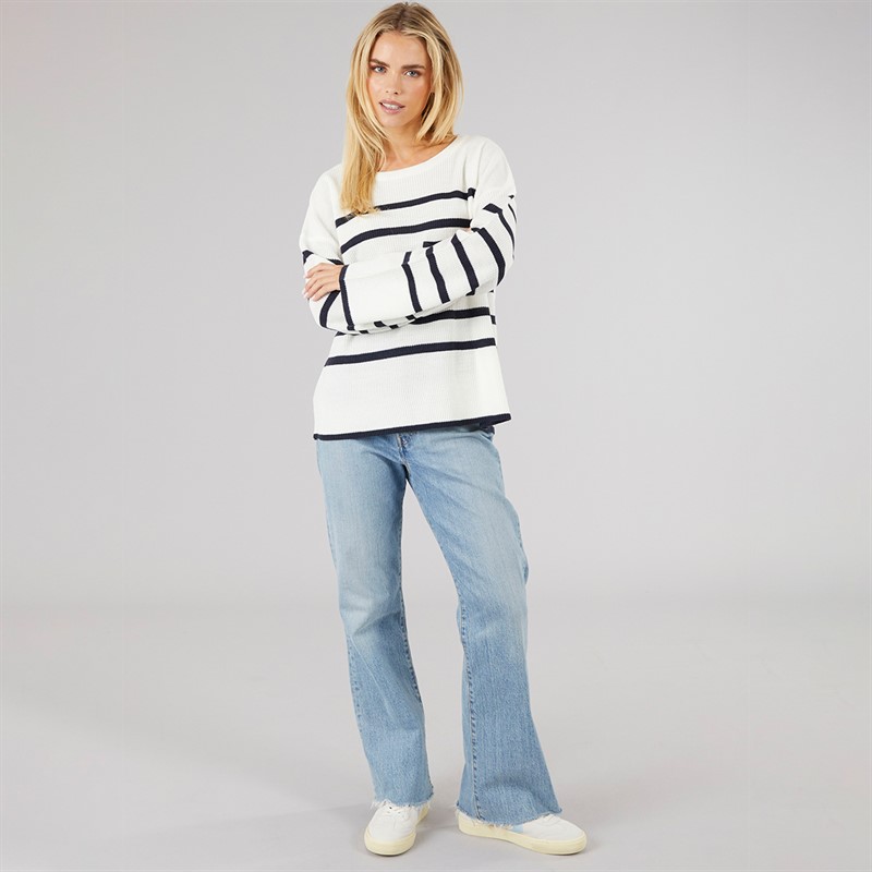 Brave Soul Womens Lisbon Crew Neck Jumper White/Navy Stripe