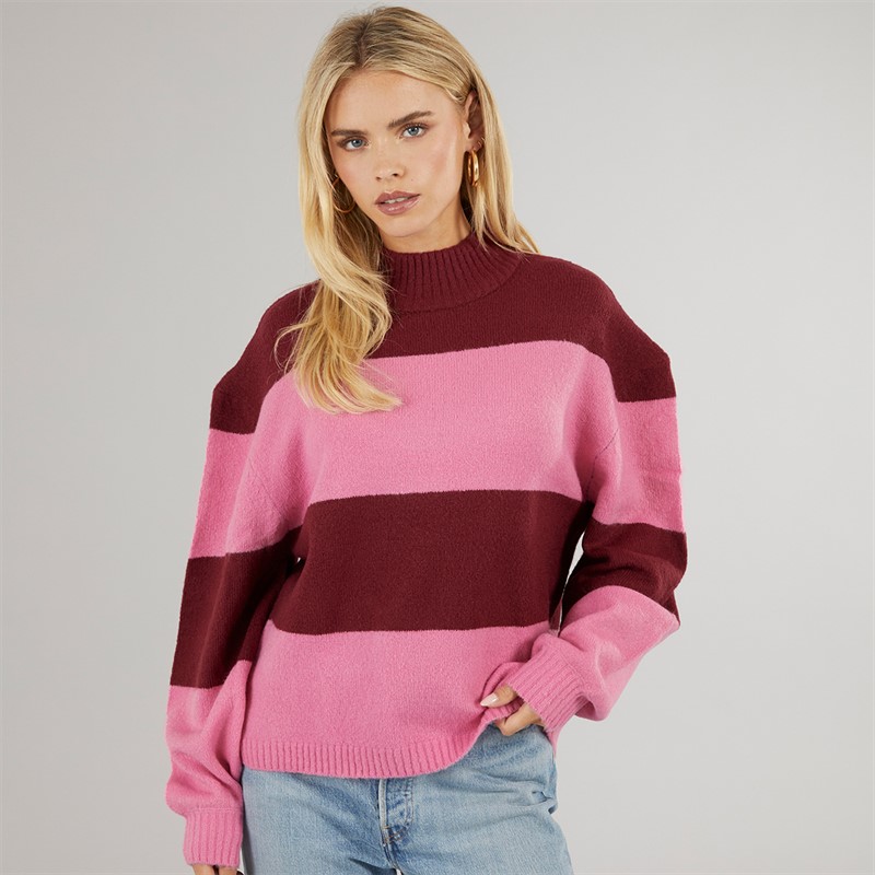 Brave Soul Womens Mollie Crew Neck Jumper Wine/Pink Stripe