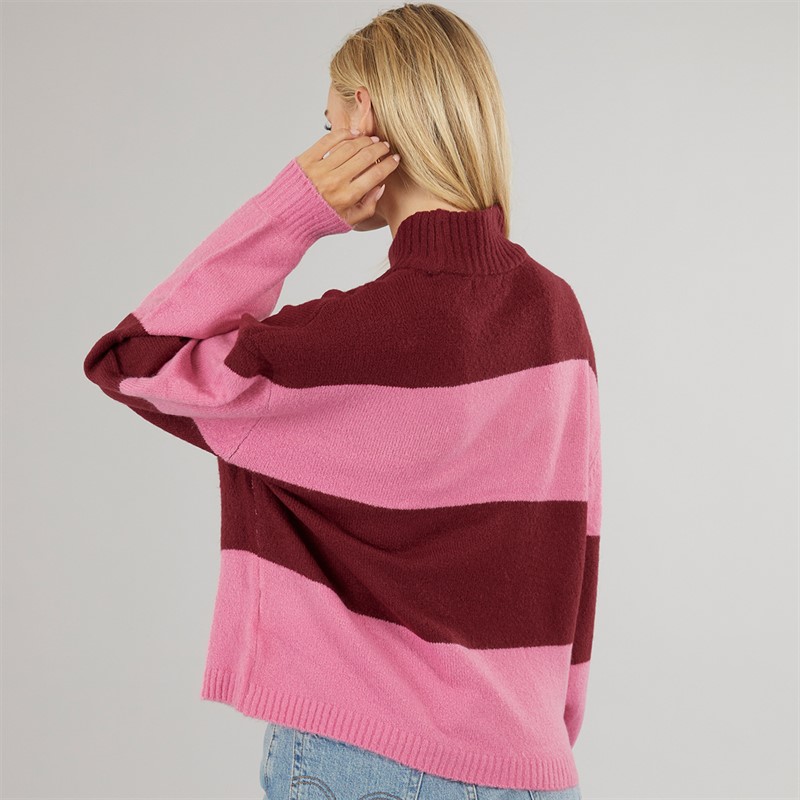 Brave Soul Womens Mollie Crew Neck Jumper Wine/Pink Stripe