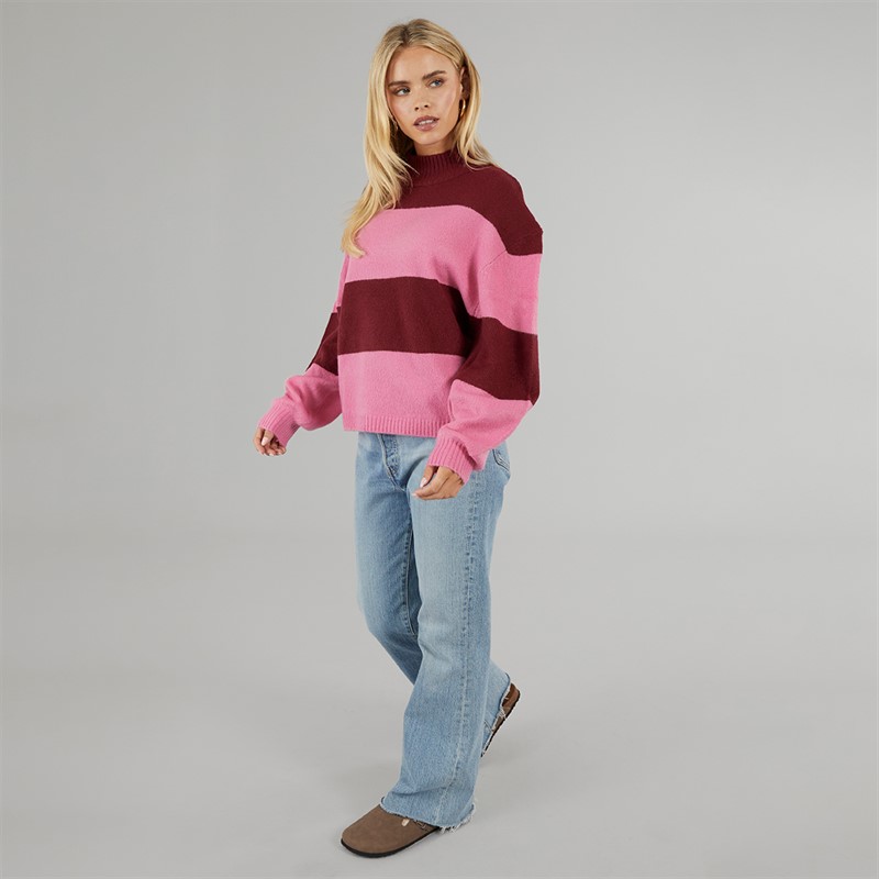 Brave Soul Womens Mollie Crew Neck Jumper Wine/Pink Stripe