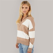 Brave Soul Womens Jotter Stripe Half Zip Jumper Biscuit/Ivory Stripe