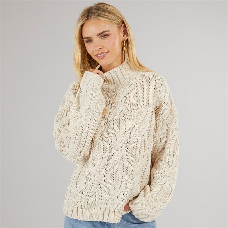 Brave Soul Womens Cybil Turtle Neck Cable Jumper Oatmeal
