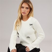 Brave Soul Womens Fisherman Crew Neck Jumper Cream/Black Bows