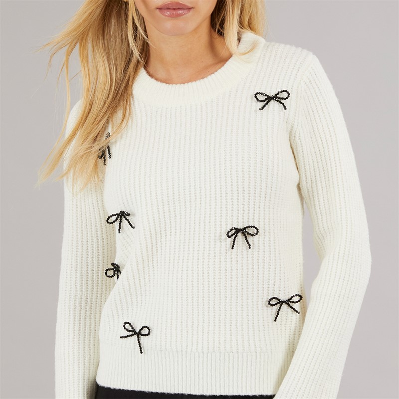 Brave Soul Womens Fisherman Crew Neck Jumper Cream/Black Bows