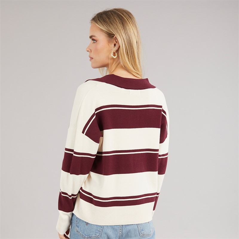 Brave Soul Womens Joe Stripe Jumper Wine/Ivory