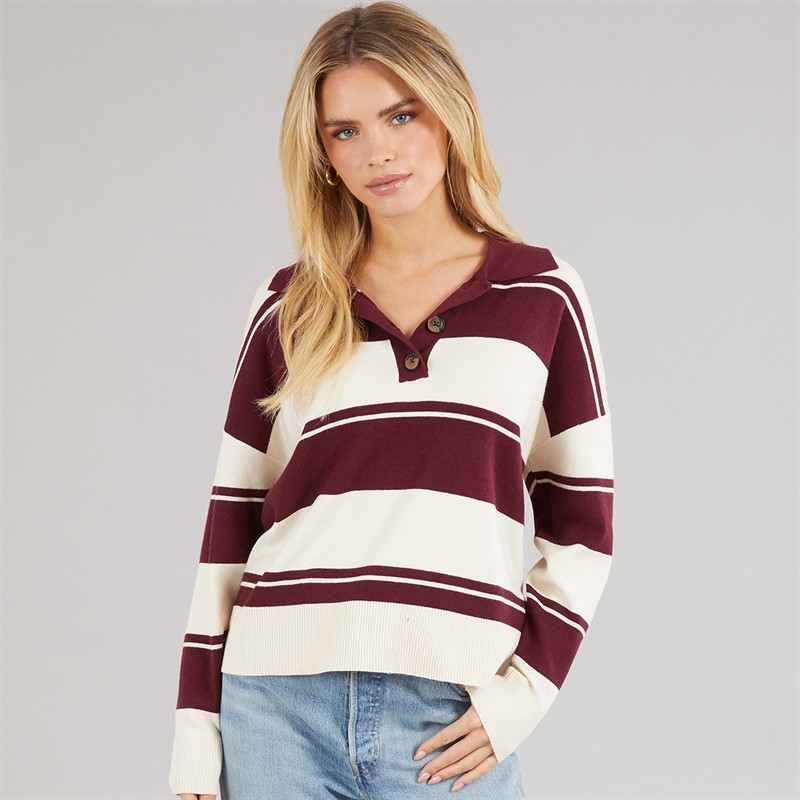 Brave Soul Womens Joe Stripe Jumper Wine/Ivory