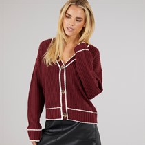 Brave Soul Womens Daisy Cardigan Wine/Ivory Tipping