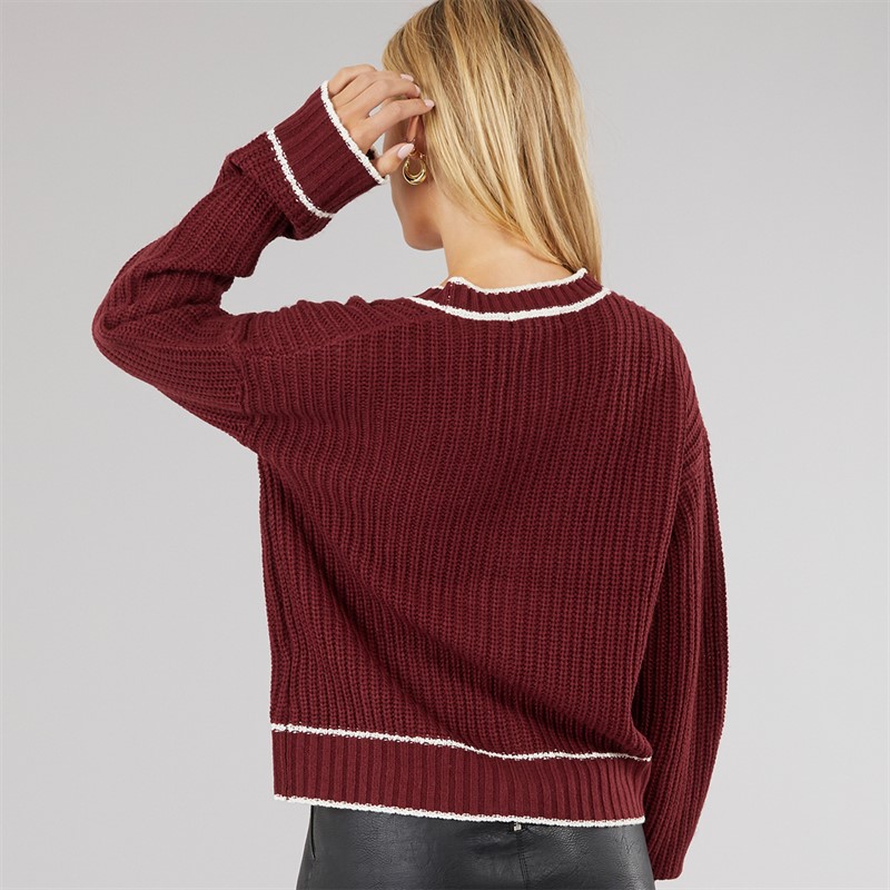 Brave Soul Womens Daisy Cardigan Wine/Ivory Tipping