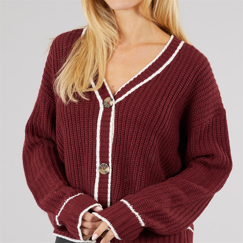 Brave Soul Womens Daisy Cardigan Wine/Ivory Tipping