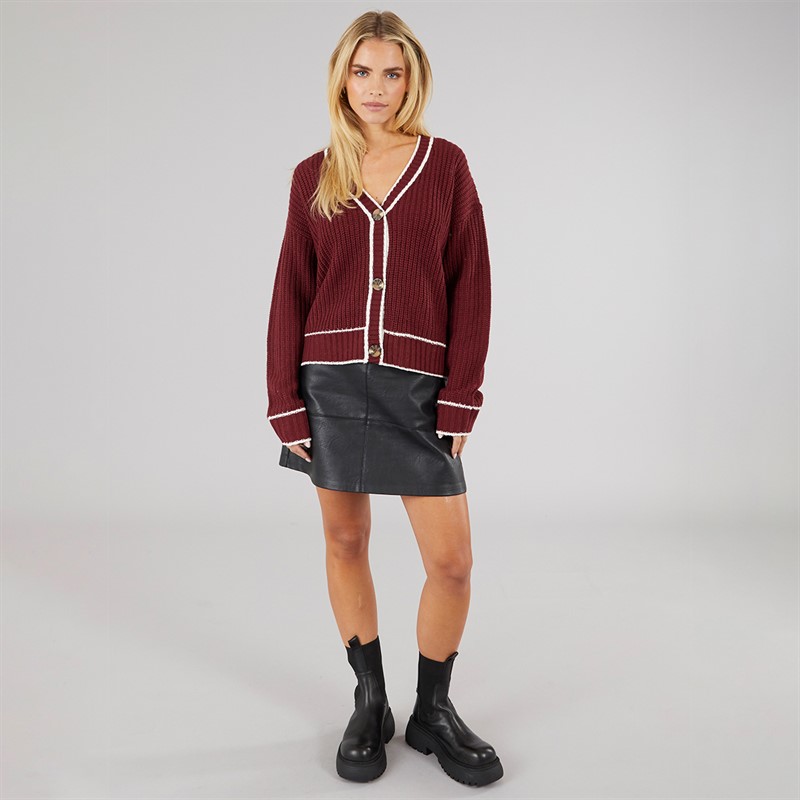 Brave Soul Womens Daisy Cardigan Wine/Ivory Tipping