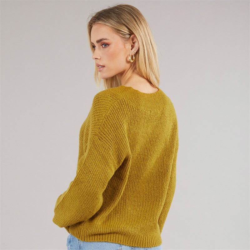 Brave Soul Womens Sydney V-Neck Fisherman Jumper Olive Green