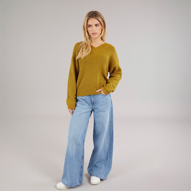 Brave Soul Womens Sydney V-Neck Fisherman Jumper Olive Green