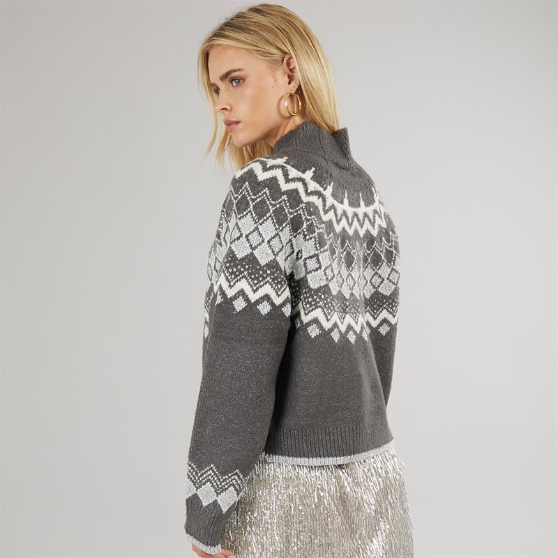 Brave Soul Womens Fabsa Fairisle Jumper Charcoal Mel/Ivory/Silver