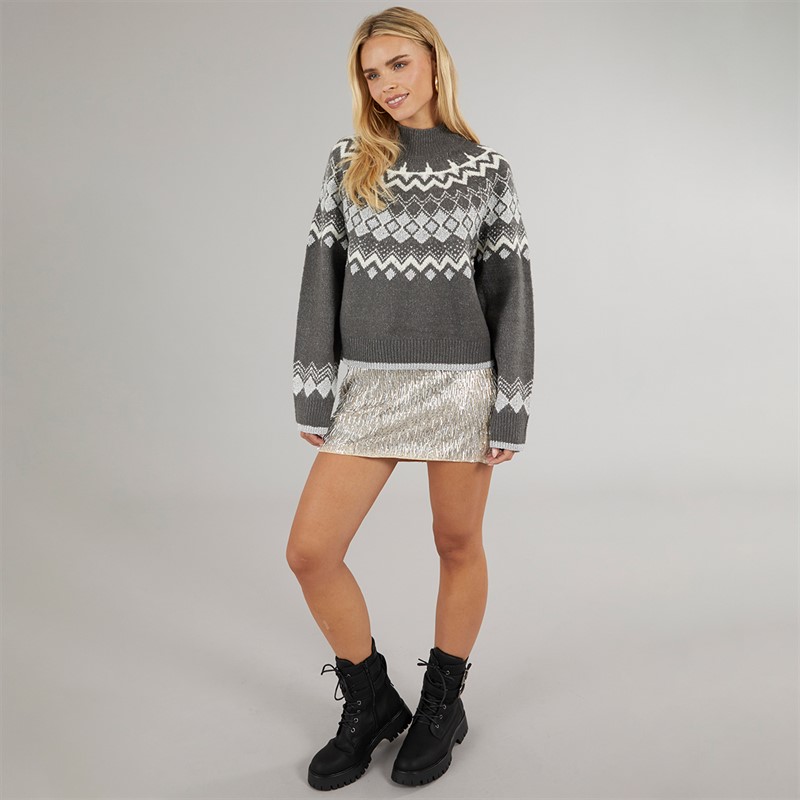 Brave Soul Womens Fabsa Fairisle Jumper Charcoal Mel/Ivory/Silver