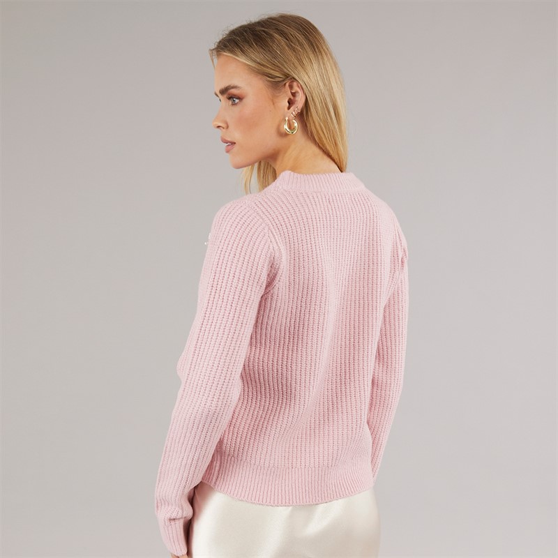Brave Soul Womens Fisherman Crew Neck Jumper Pink/Silver Bows