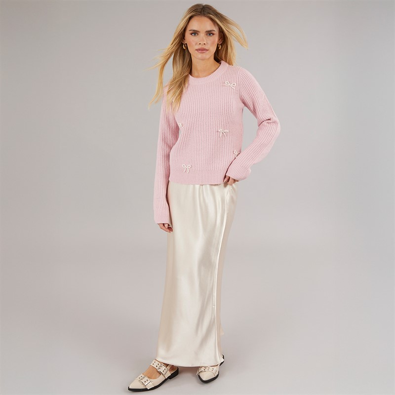 Brave Soul Womens Fisherman Crew Neck Jumper Pink/Silver Bows