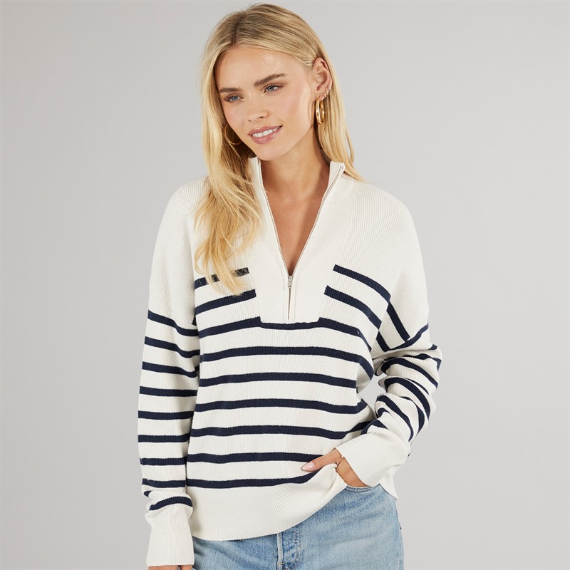 Brave Soul Womens Hibiscus Stripe Half Zip Jumper Ivory/Navy Stripe