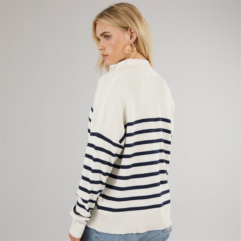Brave Soul Womens Hibiscus Stripe Half Zip Jumper Ivory/Navy Stripe