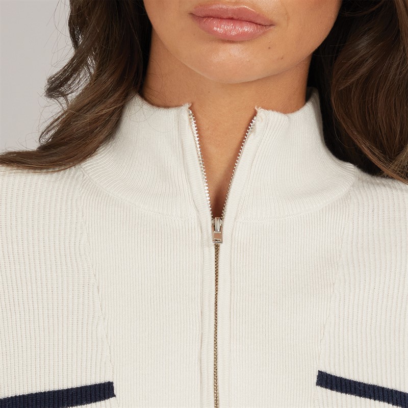 Brave Soul Womens Hibiscus Stripe Half Zip Jumper Ivory/Navy Stripe