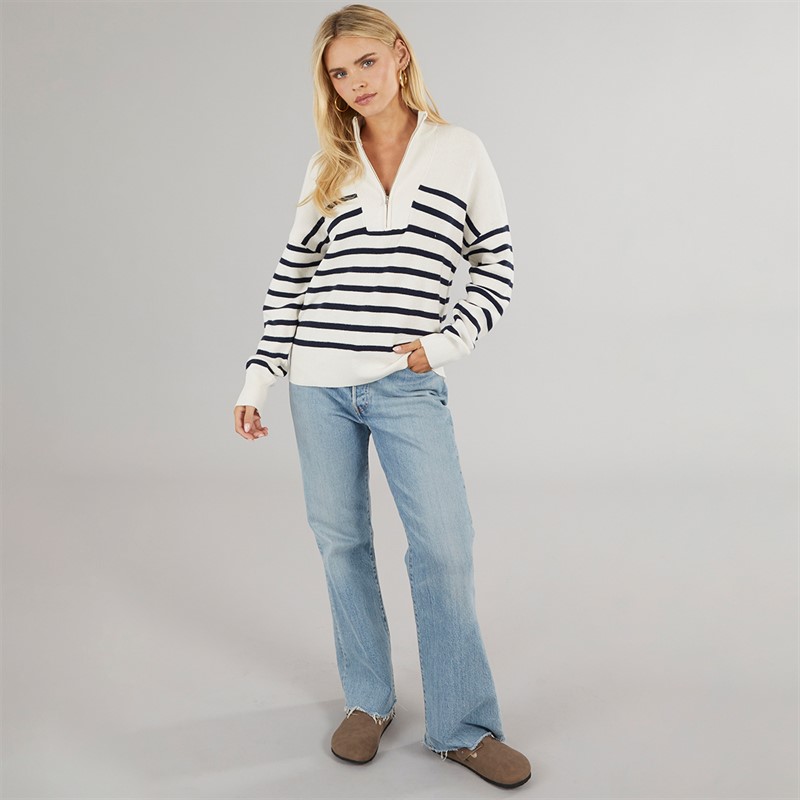 Brave Soul Womens Hibiscus Stripe Half Zip Jumper Ivory/Navy Stripe