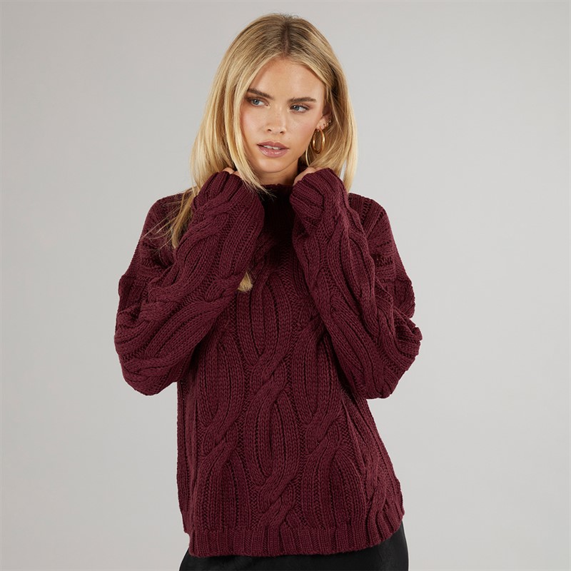 Brave Soul Womens Cybil Turtle Neck Cable Jumper Aubergine