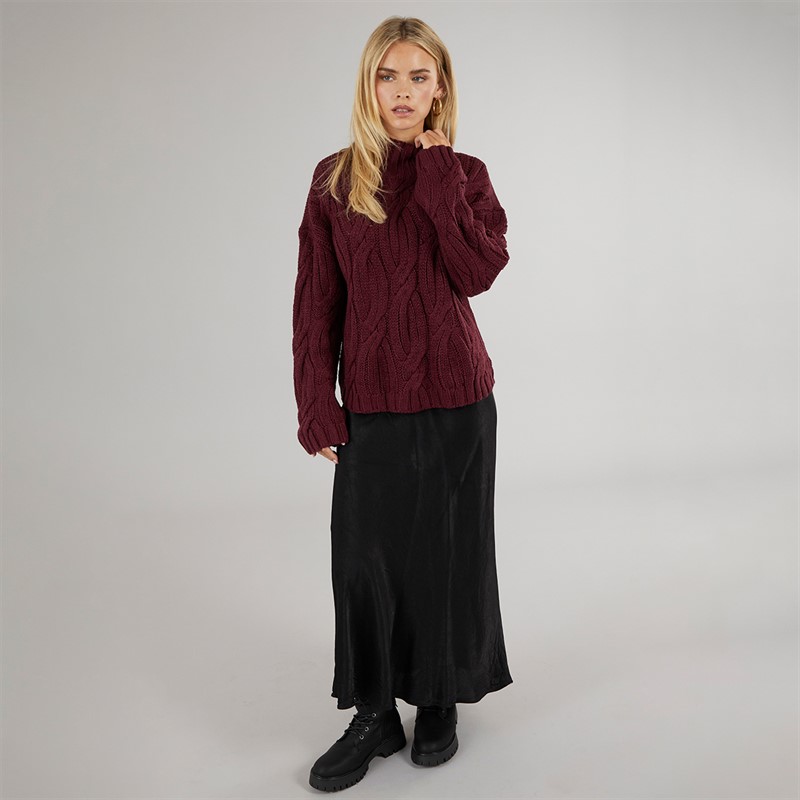 Brave Soul Womens Cybil Turtle Neck Cable Jumper Aubergine