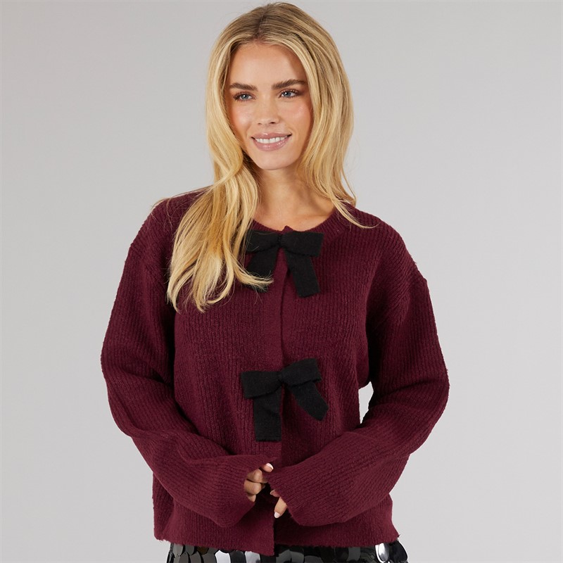 Brave Soul Womens Miya Fisherman Cardigan Aubergine/Black Bow