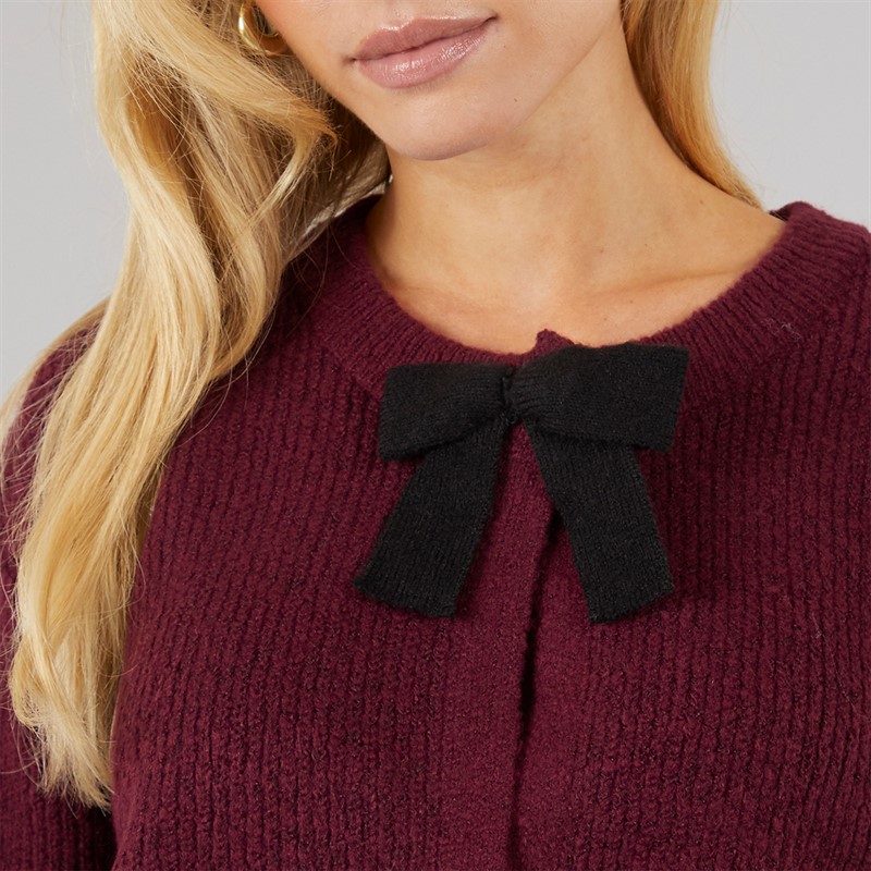 Brave Soul Womens Miya Fisherman Cardigan Aubergine/Black Bow